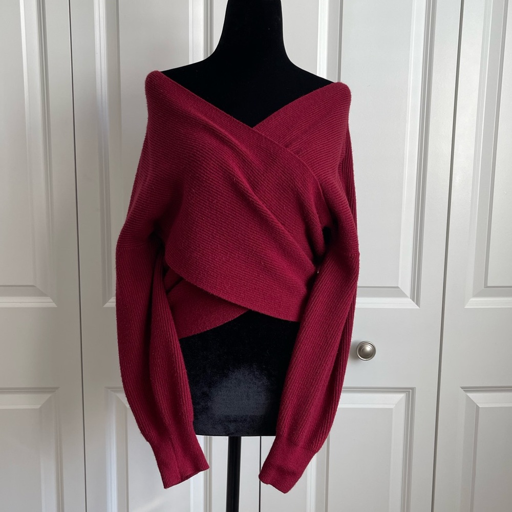 ZCSIA Burgundy Off the Shoulder Wrap Sweater